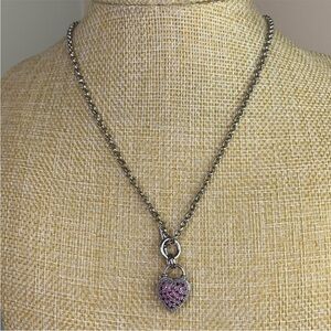Vintage Estate Silver Plated Lab Created Ruby & Diamond Heart Pendant Necklace